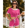 image:imageEkouaer Womens Ribbed Knit Pajama Set Short Sleeve Top Shorts PJs  Pajama Sets for Women 2 Piece with Crew Neck Contrast Design Ribbed Knit Sleepwear Side Pockets Drawstring WaistbandRose Red