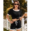 image:imageEkouaer Womens Ribbed Knit Pajama Set Short Sleeve Top Shorts PJs  Pajama Sets for Women 2 Piece with Crew Neck Contrast Design Ribbed Knit Sleepwear Side Pockets Drawstring WaistbandBlack