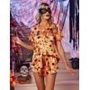image:imageEkouaer Womens Satin Pajama Set Silk Pj Short Sets 2 Piece Loungewear S5XL  Soft Button Down Sleepwear Short Sleeve Shirt and Shorts Pj Set with Split Design for Sleep Lounge Wedding Bridal GiftsOrange Halloween Print