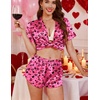 image:imageEkouaer Womens Satin Pajama Set Silk Pj Short Sets 2 Piece Loungewear S5XL  Soft Button Down Sleepwear Short Sleeve Shirt and Shorts Pj Set with Split Design for Sleep Lounge Wedding Bridal GiftsRose Red Heart Leopard Print