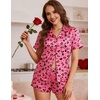 image:imageEkouaer Womens Satin Pajama Set Silk Pj Short Sets 2 Piece Loungewear S5XL  Soft Button Down Sleepwear Short Sleeve Shirt and Shorts Pj Set with Split Design for Sleep Lounge Wedding Bridal GiftsRose Red Heart Leopard Print