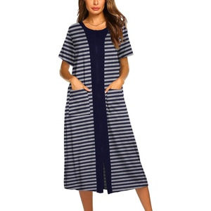 image:imageEkouaer Robes For Women Zipper Bathrobe Short Sleeve Duster With Pockets  Zipper Front House Coat Lightweight Sleepwear Plus Size Loungewear Ladies Nightgown for Mother Postoperative Gown SleepNavy Blue