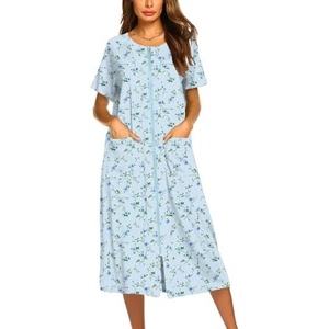 image:imageEkouaer Robes For Women Zipper Bathrobe Short Sleeve Duster With Pockets  Zipper Front House Coat Lightweight Sleepwear Plus Size Loungewear Ladies Nightgown for Mother Postoperative Gown SleepBlue Floral