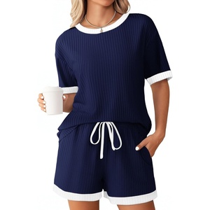 image:imageEkouaer Womens Ribbed Knit Pajama Set Short Sleeve Top Shorts PJs  Pajama Sets for Women 2 Piece with Crew Neck Contrast Design Ribbed Knit Sleepwear Side Pockets Drawstring WaistbandNavy Blue