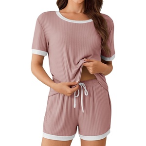 image:imageEkouaer Womens Ribbed Knit Pajama Set Short Sleeve Top Shorts PJs  Pajama Sets for Women 2 Piece with Crew Neck Contrast Design Ribbed Knit Sleepwear Side Pockets Drawstring WaistbandNude Pink