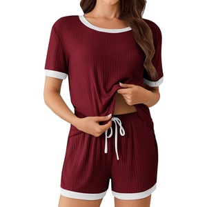 image:imageEkouaer Womens Ribbed Knit Pajama Set Short Sleeve Top Shorts PJs  Pajama Sets for Women 2 Piece with Crew Neck Contrast Design Ribbed Knit Sleepwear Side Pockets Drawstring WaistbandBurgundy