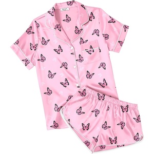 image:imageEkouaer Womens Satin Pajama Set Silk Pj Short Sets 2 Piece Loungewear S5XL  Soft Button Down Sleepwear Short Sleeve Shirt and Shorts Pj Set with Split Design for Sleep Lounge Wedding Bridal GiftsPink Butterfly