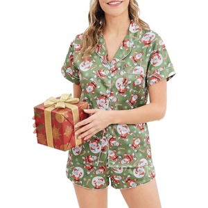 image:imageEkouaer Womens Satin Pajama Set Silk Pj Short Sets 2 Piece Loungewear S5XL  Soft Button Down Sleepwear Short Sleeve Shirt and Shorts Pj Set with Split Design for Sleep Lounge Wedding Bridal GiftsGreen Christmas Snowman