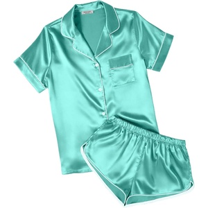 image:imageEkouaer Womens Satin Pajama Set Silk Pj Short Sets 2 Piece Loungewear S5XL  Soft Button Down Sleepwear Short Sleeve Shirt and Shorts Pj Set with Split Design for Sleep Lounge Wedding Bridal GiftsPeacock Blue
