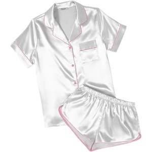 image:imageEkouaer Womens Satin Pajama Set Silk Pj Short Sets 2 Piece Loungewear S5XL  Soft Button Down Sleepwear Short Sleeve Shirt and Shorts Pj Set with Split Design for Sleep Lounge Wedding Bridal GiftsWhite With Pink Piping