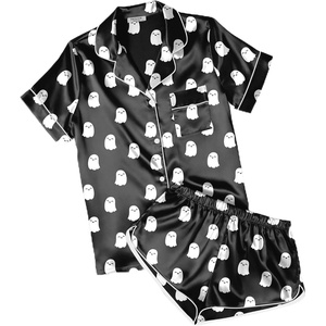 image:imageEkouaer Womens Satin Pajama Set Silk Pj Short Sets 2 Piece Loungewear S5XL  Soft Button Down Sleepwear Short Sleeve Shirt and Shorts Pj Set with Split Design for Sleep Lounge Wedding Bridal GiftsHalloween Ghost Print