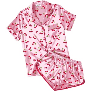 image:imageEkouaer Womens Satin Pajama Set Silk Pj Short Sets 2 Piece Loungewear S5XL  Soft Button Down Sleepwear Short Sleeve Shirt and Shorts Pj Set with Split Design for Sleep Lounge Wedding Bridal GiftsPink Cherry Print