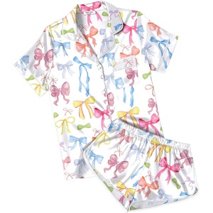 image:imageEkouaer Womens Satin Pajama Set Silk Pj Short Sets 2 Piece Loungewear S5XL  Soft Button Down Sleepwear Short Sleeve Shirt and Shorts Pj Set with Split Design for Sleep Lounge Wedding Bridal GiftsColorful Bow Print