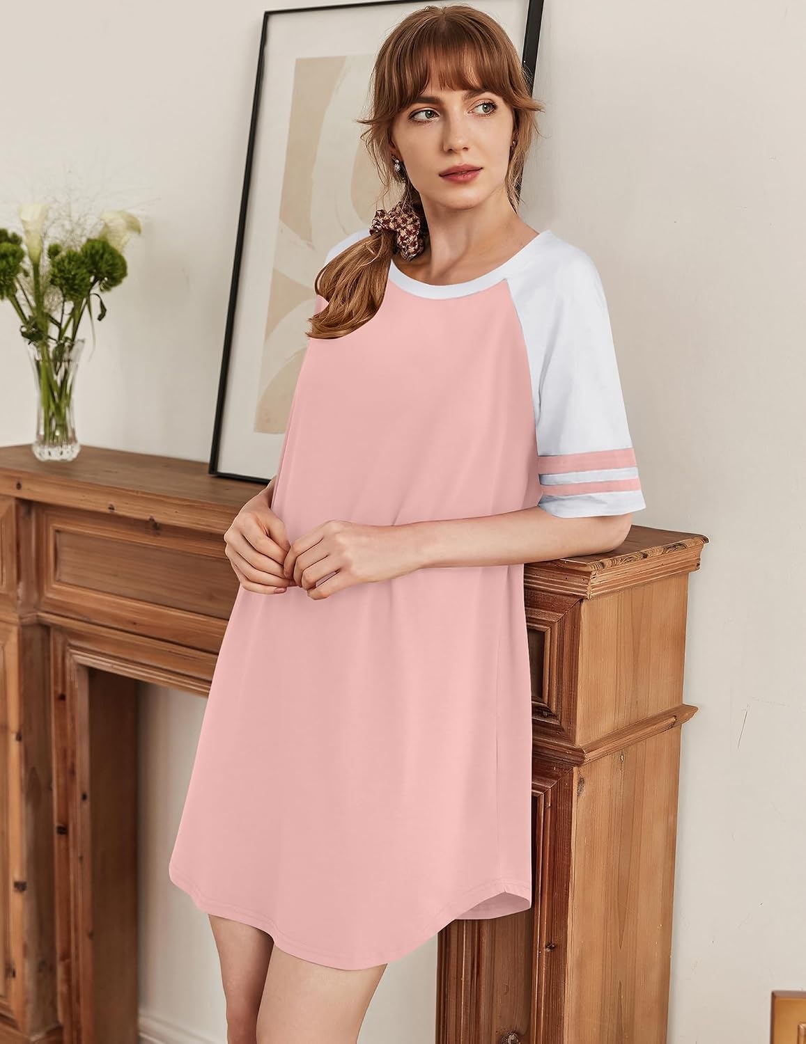 image:imageEkouaer Cotton Nightgowns for Women Color Block Short Sleeve Sleep Shirts  Soft Cotton Crew Neck Short Night Shirts Daily Wear Oversize Sleepwear Comfy and Stylish Sleep Vacation TravelPink