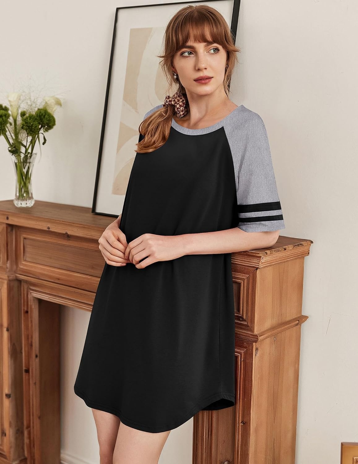 image:imageEkouaer Cotton Nightgowns for Women Color Block Short Sleeve Sleep Shirts  Soft Cotton Crew Neck Short Night Shirts Daily Wear Oversize Sleepwear Comfy and Stylish Sleep Vacation TravelBlack