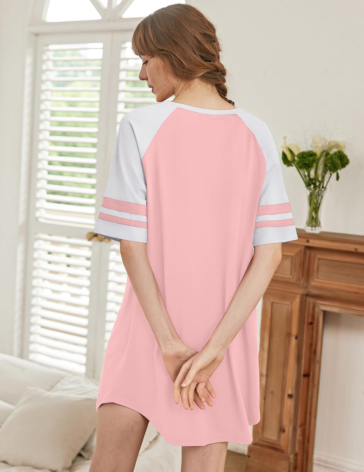 image:imageEkouaer Cotton Nightgowns for Women Color Block Short Sleeve Sleep Shirts  Soft Cotton Crew Neck Short Night Shirts Daily Wear Oversize Sleepwear Comfy and Stylish Sleep Vacation TravelPink