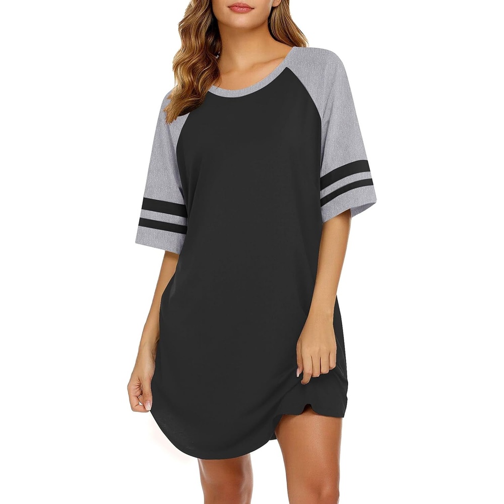 image:imageEkouaer Cotton Nightgowns for Women Color Block Short Sleeve Sleep Shirts  Soft Cotton Crew Neck Short Night Shirts Daily Wear Oversize Sleepwear Comfy and Stylish Sleep Vacation TravelBlack
