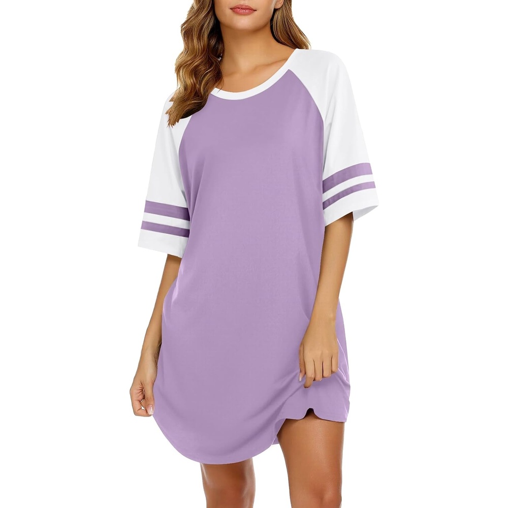 image:imageEkouaer Cotton Nightgowns for Women Color Block Short Sleeve Sleep Shirts  Soft Cotton Crew Neck Short Night Shirts Daily Wear Oversize Sleepwear Comfy and Stylish Sleep Vacation TravelLight Purple