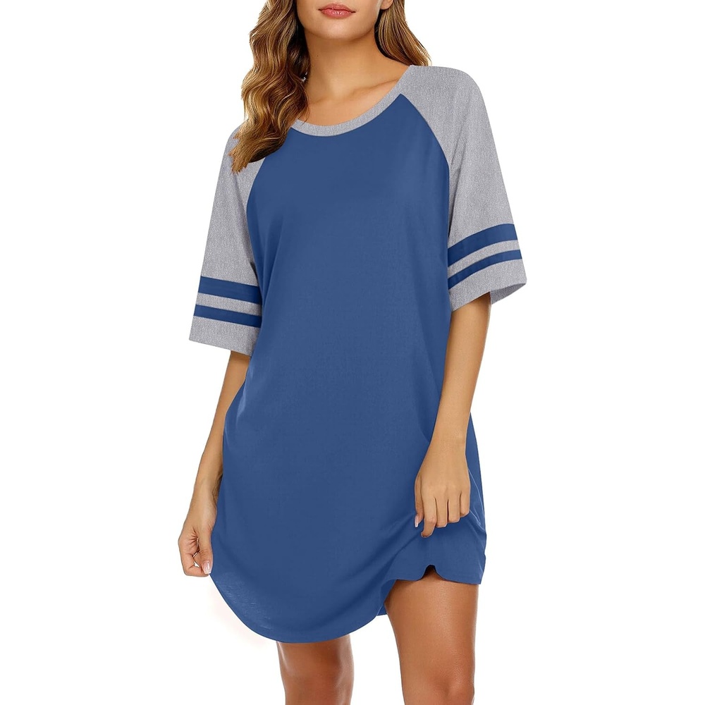 image:imageEkouaer Cotton Nightgowns for Women Color Block Short Sleeve Sleep Shirts  Soft Cotton Crew Neck Short Night Shirts Daily Wear Oversize Sleepwear Comfy and Stylish Sleep Vacation TravelBlue