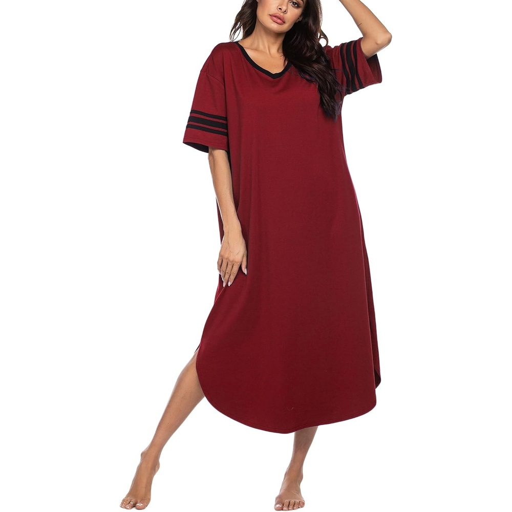 image:imageEkouaer Nightgowns for Women Long Nightgown Plus Size Moo Moos House Dress  Color Block Sleep Dress Short Sleeve Sleepwear V Neck Loungewear Oversized Lounge Dress M5XL Daily Wear Sleep HomeWine Red