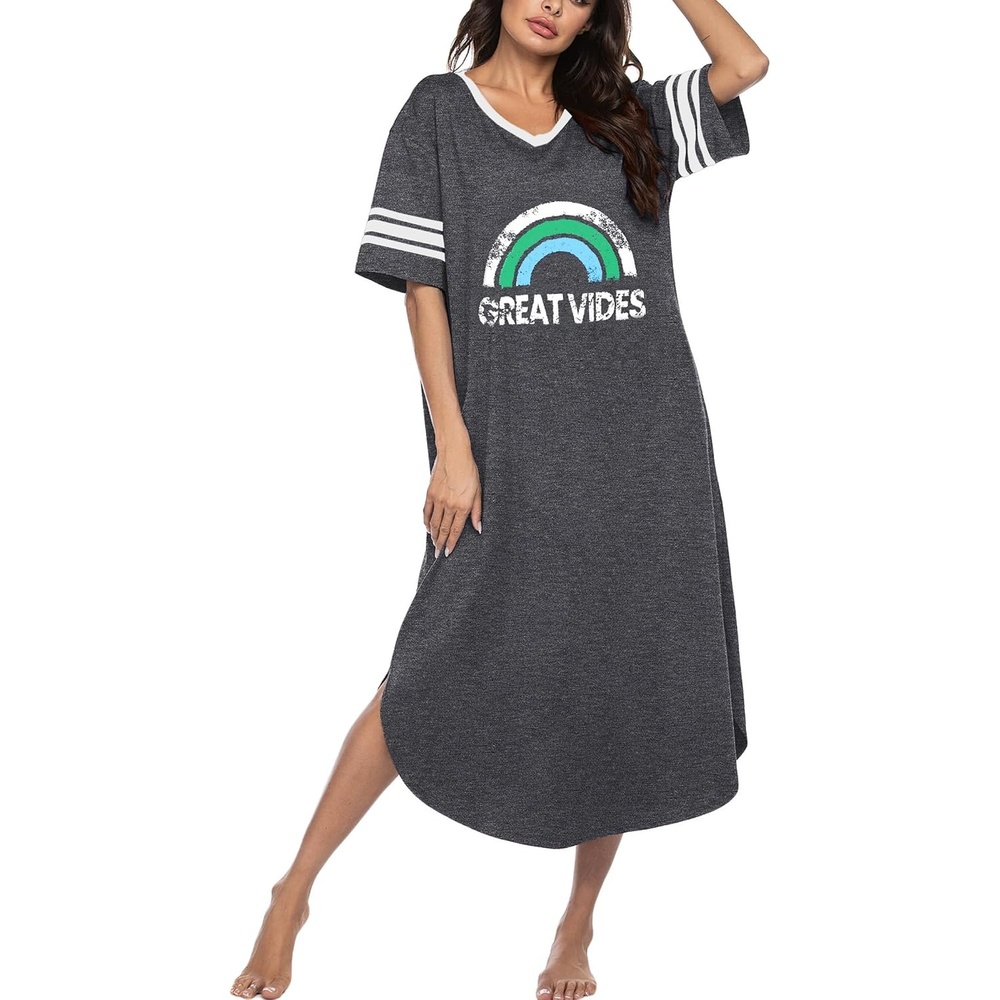 image:imageEkouaer Nightgowns for Women Long Nightgown Plus Size Moo Moos House Dress  Color Block Sleep Dress Short Sleeve Sleepwear V Neck Loungewear Oversized Lounge Dress M5XL Daily Wear Sleep HomeGrey Rainbow