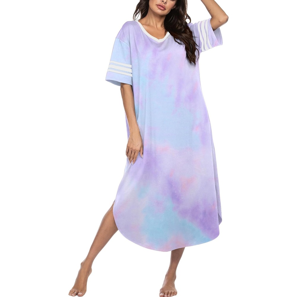 image:imageEkouaer Nightgowns for Women Long Nightgown Plus Size Moo Moos House Dress  Color Block Sleep Dress Short Sleeve Sleepwear V Neck Loungewear Oversized Lounge Dress M5XL Daily Wear Sleep HomePurple Tie Dye
