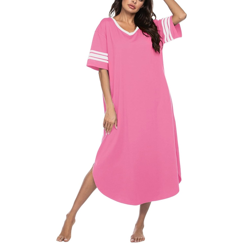 image:imageEkouaer Nightgowns for Women Long Nightgown Plus Size Moo Moos House Dress  Color Block Sleep Dress Short Sleeve Sleepwear V Neck Loungewear Oversized Lounge Dress M5XL Daily Wear Sleep HomePeach Pink