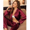 image:imageEkouaer Satin Pajama Set for Women Long Button Down Silk Pj with Ruffle  2 Piece Classic Sleepwear Notch Collar Soft Loungewear for Sleep Loung Wedding Bridal PartyWine Red