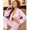 image:imageEkouaer Satin Pajama Set for Women Long Button Down Silk Pj with Ruffle  2 Piece Classic Sleepwear Notch Collar Soft Loungewear for Sleep Loung Wedding Bridal PartyPink Striped