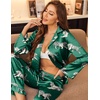image:imageEkouaer Satin Pajama Set for Women Long Button Down Silk Pj with Ruffle  2 Piece Classic Sleepwear Notch Collar Soft Loungewear for Sleep Loung Wedding Bridal PartyGreen With Tiger