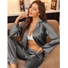 image:imageEkouaer Satin Pajama Set for Women Long Button Down Silk Pj with Ruffle  2 Piece Classic Sleepwear Notch Collar Soft Loungewear for Sleep Loung Wedding Bridal PartyDeep Grey