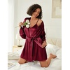image:imageEkouaer Women Silk Robe Set V Neck 2 Piece Bridal Robe Satin Bathrobe Set  Satin Material 2 Piece 34 Sleeves TieWine Red