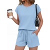 image:imageEkouaer Cotton Two Piece Sets for Women Cap Sleeve Short Set  Soft Casual Summer Fall Crew Neck Matching Sets Travel Vacation Outfits With Pockets for Daily WearLight Blue
