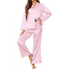 image:imageEkouaer Satin Pajama Set for Women Long Button Down Silk Pj with Ruffle  2 Piece Classic Sleepwear Notch Collar Soft Loungewear for Sleep Loung Wedding Bridal PartyPink Striped