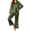 image:imageEkouaer Satin Pajama Set for Women Long Button Down Silk Pj with Ruffle  2 Piece Classic Sleepwear Notch Collar Soft Loungewear for Sleep Loung Wedding Bridal PartyArmy Green