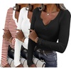 image:imageWomens Long Sleeve Shirts V Neck Slim Fit Tops Thermal Undershirts 3 Pack  Long sleeve shirts for women ribbed texture and slim fit design for sweater layers work outfits and everyday wearRed White StrippedBlackWhite