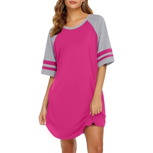 image:imageEkouaer Cotton Nightgowns for Women Color Block Short Sleeve Sleep Shirts  Soft Cotton Crew Neck Short Night Shirts Daily Wear Oversize Sleepwear Comfy and Stylish Sleep Vacation TravelRose Red