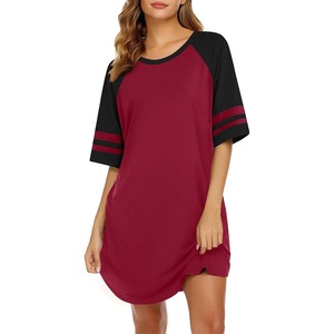 image:imageEkouaer Cotton Nightgowns for Women Color Block Short Sleeve Sleep Shirts  Soft Cotton Crew Neck Short Night Shirts Daily Wear Oversize Sleepwear Comfy and Stylish Sleep Vacation TravelWine Red