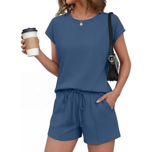 image:imageEkouaer Cotton Two Piece Sets for Women Cap Sleeve Short Set  Soft Casual Summer Fall Crew Neck Matching Sets Travel Vacation Outfits With Pockets for Daily WearNavy Blue