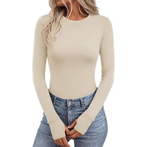 image:imageEkouaer Long Sleeve Shirts for Women Crew Neck Undershirt with Thumb Holes  Lightweight Soft Fabric Thermal Underscrub Casual Fitted Basic Underwear Fall Winter Workout Base Layer Athletic ClothBeige