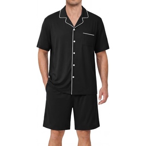 image:imageEkouaer Mens Pajama Set Summer Short Sleeve Button Up Pjs 2 Piece Sleepwear  Soft Lightweight Shirt and Shorts Button Up Adjustable Strap Two Side Pockets Mens Gift for Birthday Daily Wear S3XLBlack