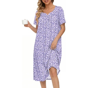 image:imageEkouaer Moo Moos for Women Cotton House Dress With Pockets Soft Nightgowns  Cotton Short Sleeve Mumu Dresses Embroidered Lounge Dress Floral Sleepwear V Neck Loungewear Mothers Gifts Daily HomePurple Flowers