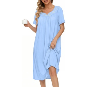 image:imageEkouaer Moo Moos for Women Cotton House Dress With Pockets Soft Nightgowns  Cotton Short Sleeve Mumu Dresses Embroidered Lounge Dress Floral Sleepwear V Neck Loungewear Mothers Gifts Daily HomeBlue