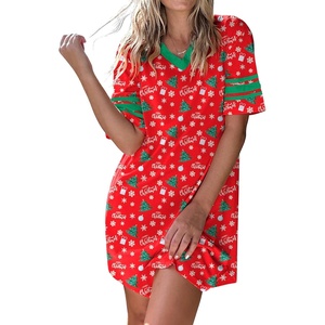 image:imageEkouaer Nightgowns for Women Cotton Night Gowns Short Sleeve Sleepwear  Ladies Sleep Shirts Casual T Shirt Nightgown V Neck Night Shirts Soft Moo Moos Color Block Pajama Shirt Plus Size NightshirtsZchristmas Red