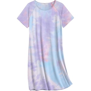 image:imageEkouaer Nightgowns for Women Cotton Sleep Shirt Short Sleeve Night Shirt  Crew Neck Night Gown Soft Sleepwear Casual T Shirt Pajama Dress Short Lounge Dress Pullover Loungewear for Daily SleepPurple Tie Dye