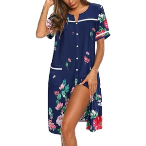image:imageEkouaer Nightgowns for Women House Dress with Pockets Button Down Sleepshirt Short Sleeve Nightshirt Housecoat  Button Up Night GownsShort Sleeve HousecoatMoo Moos for Elderly WomenLabor and Delivery Gown for Pregnant and PostpartumNavy Flower