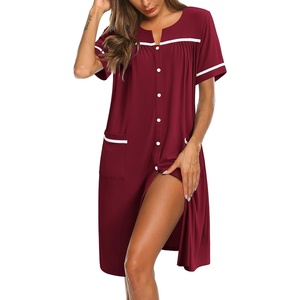 image:imageEkouaer Nightgowns for Women House Dress with Pockets Button Down Sleepshirt Short Sleeve Nightshirt Housecoat  Button Up Night GownsShort Sleeve HousecoatMoo Moos for Elderly WomenLabor and Delivery Gown for Pregnant and PostpartumWine Red