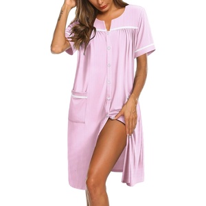 image:imageEkouaer Nightgowns for Women House Dress with Pockets Button Down Sleepshirt Short Sleeve Nightshirt Housecoat  Button Up Night GownsShort Sleeve HousecoatMoo Moos for Elderly WomenLabor and Delivery Gown for Pregnant and PostpartumPink Striped