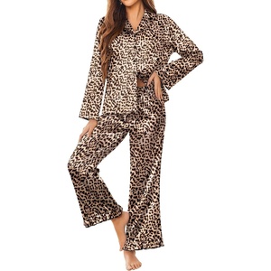 image:imageEkouaer Satin Pajama Set for Women Long Button Down Silk Pj with Ruffle  2 Piece Classic Sleepwear Notch Collar Soft Loungewear for Sleep Loung Wedding Bridal PartyBrown Leopard