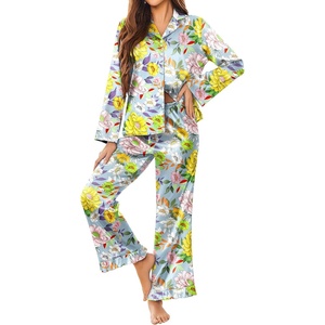 image:imageEkouaer Satin Pajama Set for Women Long Button Down Silk Pj with Ruffle  2 Piece Classic Sleepwear Notch Collar Soft Loungewear for Sleep Loung Wedding Bridal PartyFloral